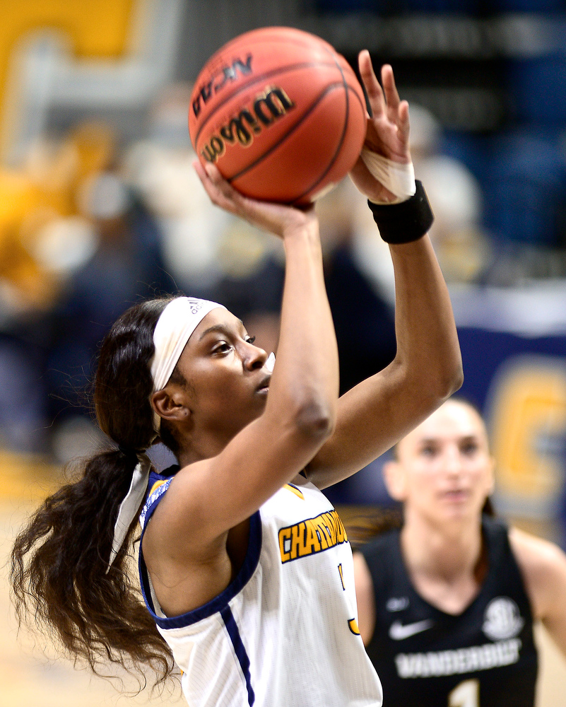 Staff Photo by Robin Rudd / UTC's Eboni Williams (3) shoots a jumper from the foul line. The University of Tennessee at Chattanooga lost a close home game to Vanderbilt, 80-78 in NCAA women's basketball at the McKenzie Arena on December 13, 2020. .
