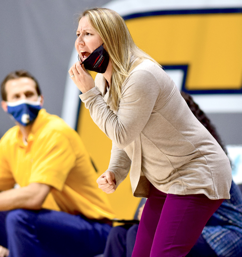 Staff Photo by Robin Rudd / UTC head coach Katie Burrows shouts instructions to her team. The University of Tennessee at Chattanooga lost a close home game to Vanderbilt, 80-78 in NCAA women's basketball at the McKenzie Arena on December 13, 2020. .