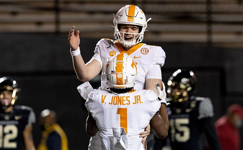Tennessee Athletics photo by Andrew Ferguson / Tennessee freshman quarterback Harrison Bailey and graduate transfer receiver Velus Jones celebrate their 74-yard touchdown connection during the fourth quarter of last Saturday's 42-17 victory at Vanderbilt.