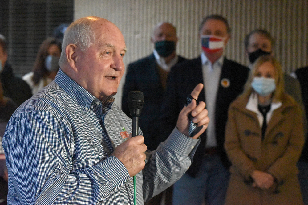 Staff Photo by Matt Hamilton / Former Governor Sonny Perdue speaks at the Dalton Municipal Airport on Monday, Dec. 14, 2020.