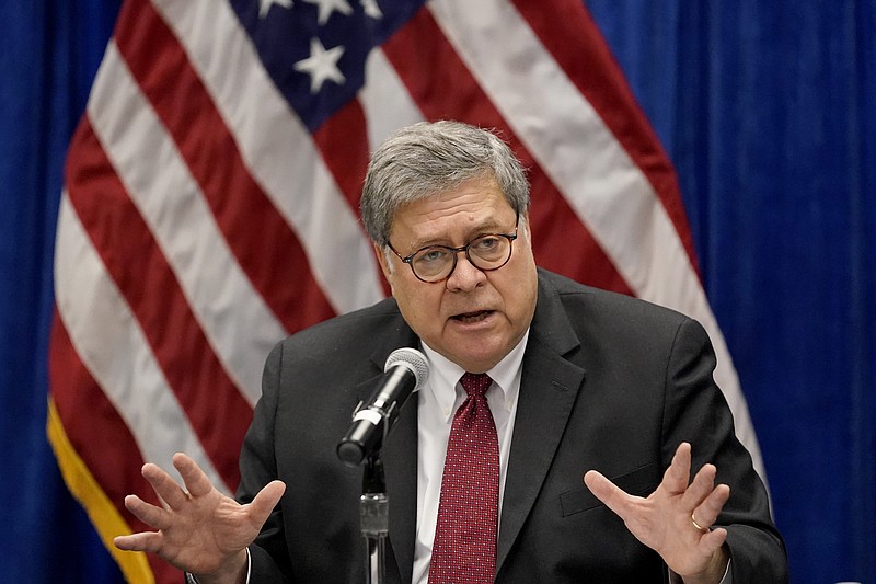 In this Oct. 15, 2020, file photo, Attorney General William Barr speaks during a roundtable discussion on Operation Legend in St. Louis. Barr has announced he is resigning. (AP Photo/Jeff Roberson, File)