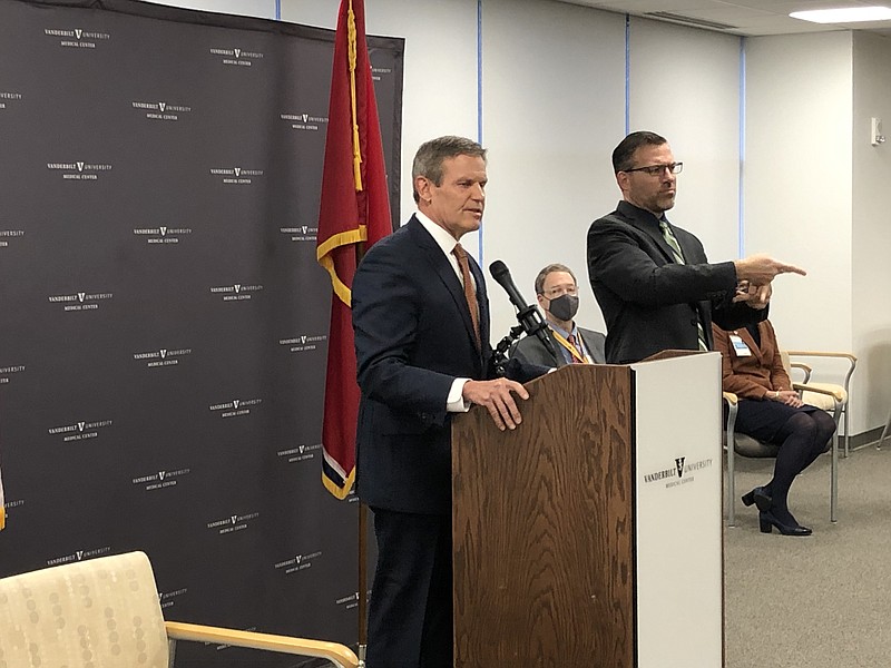 Tennessee Gov. Bill Lee welcomes arrival of COVID-19 vaccines during Thursday, Dec. 17, 2020, news conference at Vanderbilt University Medical Center in Nashville. (Photo by Andy Sher/Chattanooga Times Free Press)