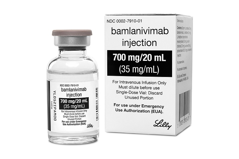 FILE - This photo provided by Eli Lilly shows the drug Bamlanivimab, the first antibody drug to help the immune system fight COVID-19. Antibodies are made by the immune system to fight the virus but it can take several weeks after infection for the best ones to form. This and a Regeneron medication aim to help right away, by supplying concentrated doses of one or two antibodies that worked best in lab tests. (Courtesy of Eli Lilly via AP)