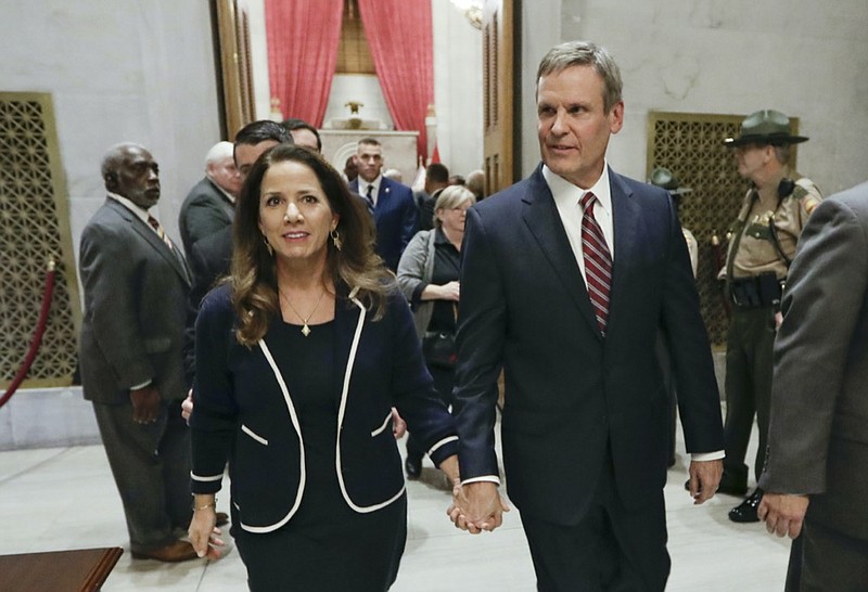 Tennessee Gov. Bill Lee, center, and his wife, Maria, leave the House Chamber after Lee gave his State of the State Address Monday, Feb. 3, 2020, in Nashville, Tenn. (AP Photo/Mark Humphrey)



