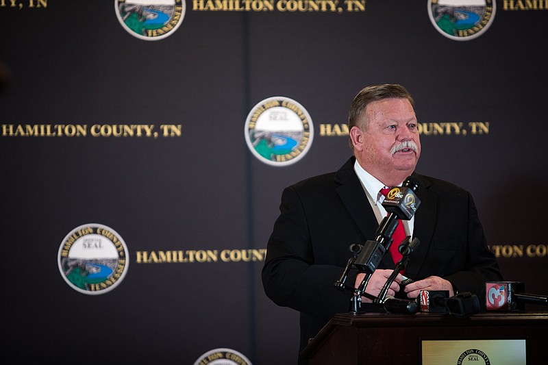 Staff photo by Troy Stolt / Hamilton County Mayor Jim Coppinger speaks during a news conference about vaccinations for COVID-19 at the Hamilton County Health Department's Golley Auditorium on Tuesday, Dec. 22, 2020, in Chattanooga, Tenn.