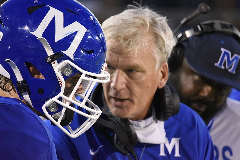 Staff file photo by Matt Hamilton / Ralph Potter, right, wrote a letter that made the rounds on social media in July, with the McCallie football coach advocating for allowing high school sports to take place amid the coronavirus pandemic because of the benefits it would provide young people. Potter then led the Blue Tornado to a second straight TSSAA Division II-AAA title this fall.