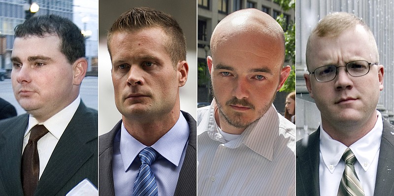 Photo by The Associated Press / This combination made from file photos shows Blackwater guards, from left, Dustin Heard, Evan Liberty, Nicholas Slatten and Paul Slough. On Dec. 22, 2020, President Donald Trump pardoned 15 people, including Heard, Liberty, Slatten and Slough, the four former government contractors convicted in a 2007 massacre in Baghdad that left more a dozen Iraqi civilians dead and caused an international uproar over the use of private security guards in a war zone.