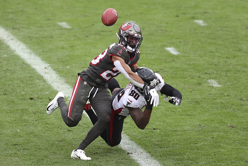 AP photo by Mark LaMoglio / Tampa Bay Buccaneers cornerback Sean Murphy-Bunting, left, breaks up a pass intended for Atlanta Falcons wide receiver Laquon Treadwell during the second half of Sunday's game in Tampa, Fla. The Bucs won 44-27 as Atlanta finished the season 4-12, its worst record since 2013.