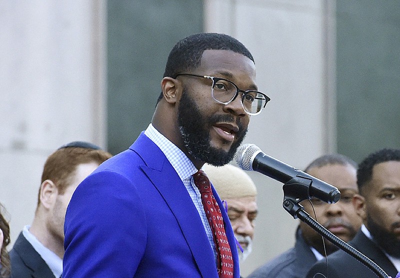 FILE - In this Wednesday, Oct. 23, 2019, file photo, Birmingham Mayor Randall Woodfin speaks at a candlelight vigil in Birmingham, Ala. Officials say the mayor of Birmingham, Alabama, has been hospitalized with COVID-19 pneumonia, five days after announcing he tested positive for coronavirus. (Joe Songer/The Birmingham News via AP, File)
