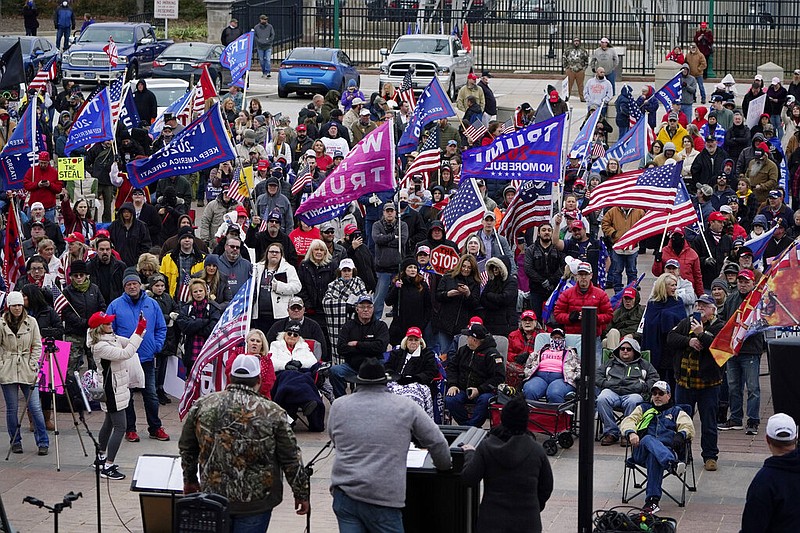 Trump supporters rally at the state Capitol, Wednesday, Jan. 6, 2021, in Oklahoma City. (AP Photo/Sue Ogrocki)