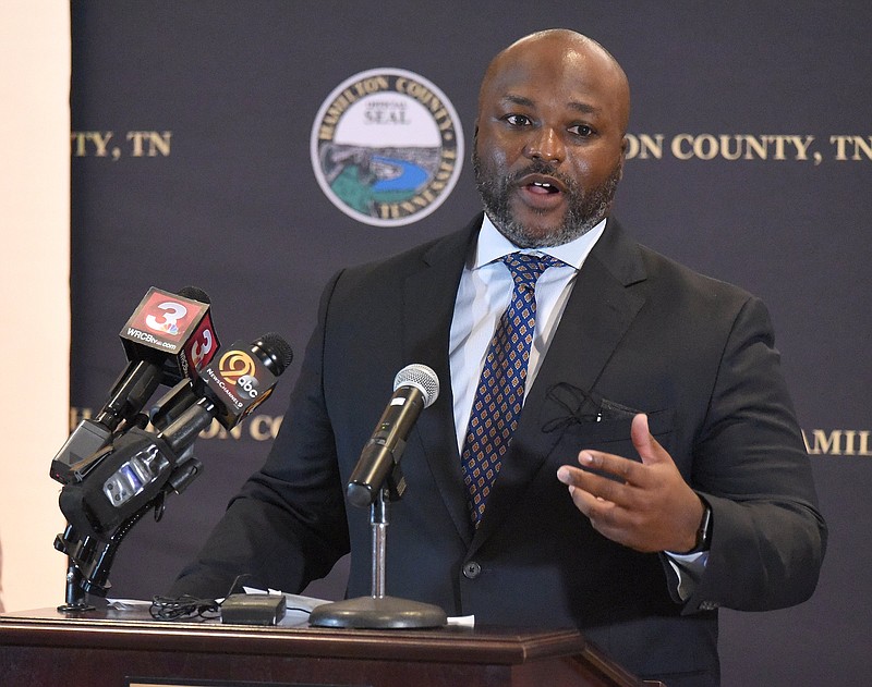 Staff Photo by Matt Hamilton / Bryan Johnson, superintendent of Hamilton County Schools, speaks during the press conference in September 2020.