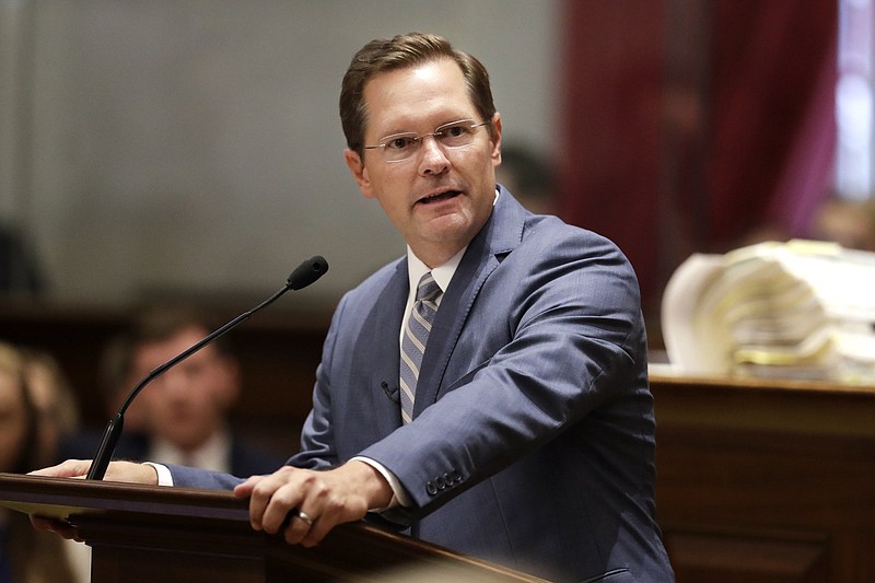 Rep. Cameron Sexton, R-Crossville, addresses Tennessee House of Representatives members after being sworn in as House Speaker during a special session Friday, Aug. 23, 2019, in Nashville, Tenn. (AP Photo/Mark Humphrey)