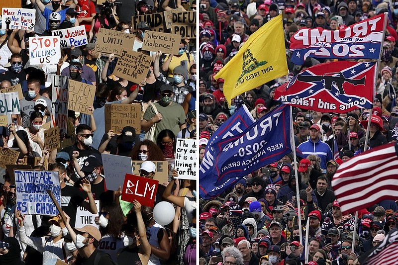 In this combination of photos, on June 7, 2020, protesters participating in a Black Lives Matter rally, left, march to downtown Pittsburgh to protest the death of George Floyd and people listen as President Donald Trump speaks during a rally Jan. 6, 2021, in Washington. (AP Photos)