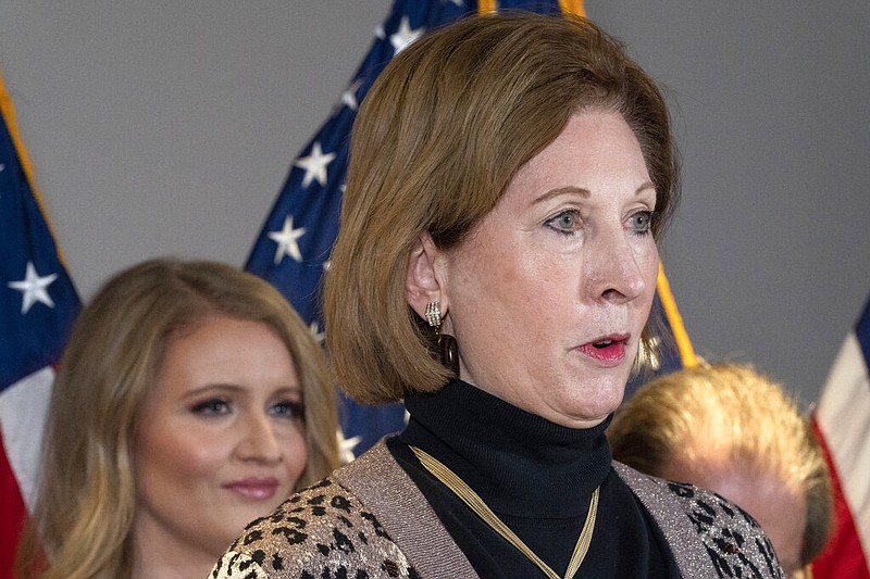 Sidney Powell, a lawyer for President Donald Trump, speaks during a news conference at the Republican National Committee headquarters, Thursday Nov. 19, 2020, in Washington. (AP Photo/Jacquelyn Martin)