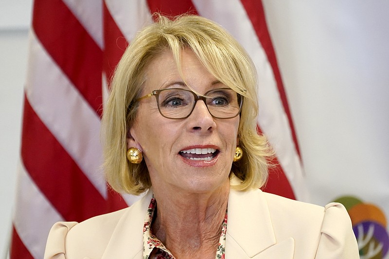 In this Oct. 15, 2020, file photo, Secretary of Education Betsy DeVos speaks at the Phoenix International Academy in Phoenix. (AP Photo/Matt York, File)