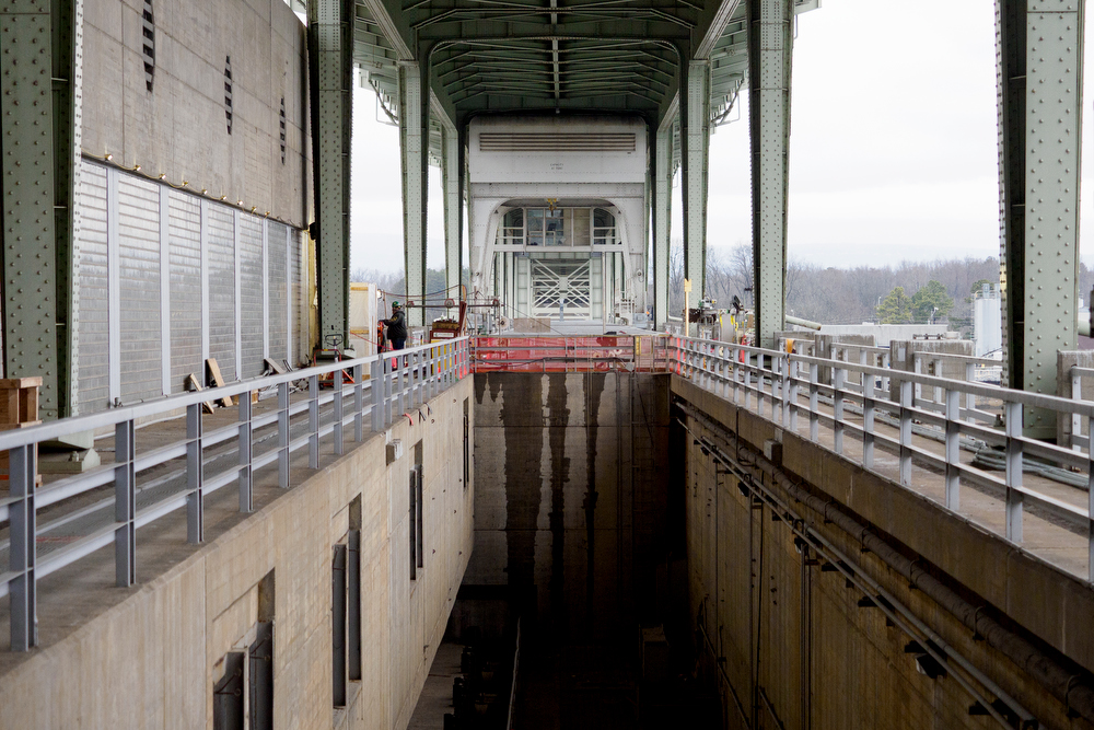 Staff photo by C.B. Schmelter / A crew monitors the diamond wire saw at the Chickamauga Dam on Friday, Jan. 8, 2021 in Chattanooga, Tenn.
