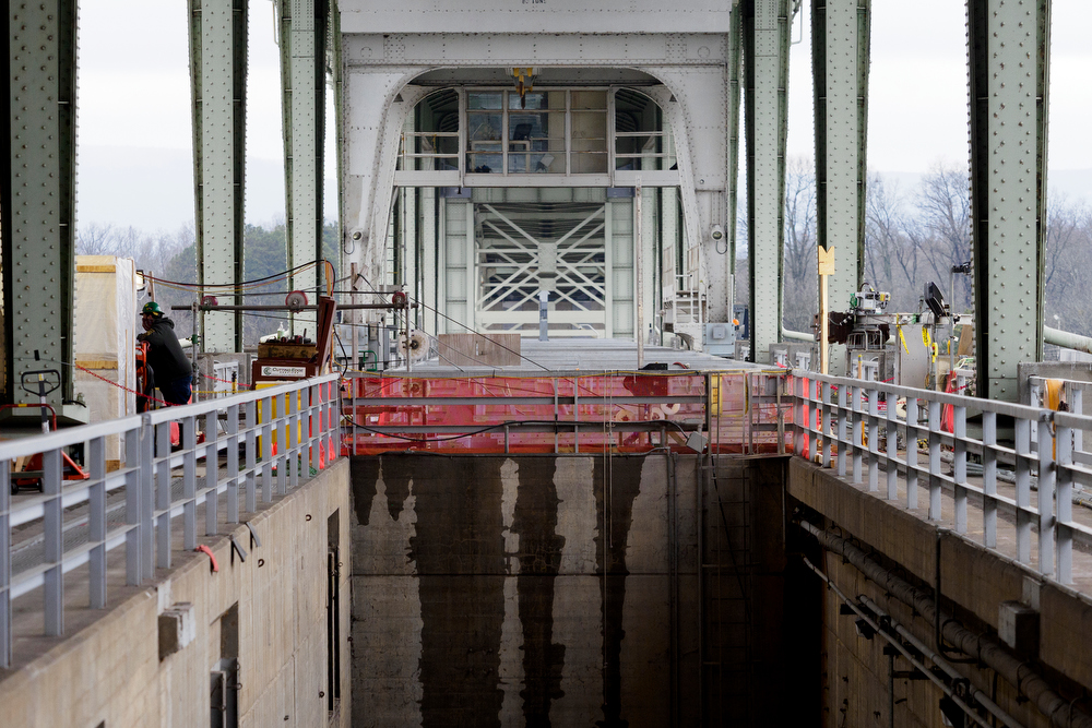 Staff photo by C.B. Schmelter / A crew monitors the diamond wire saw at the Chickamauga Dam on Friday, Jan. 8, 2021 in Chattanooga, Tenn.