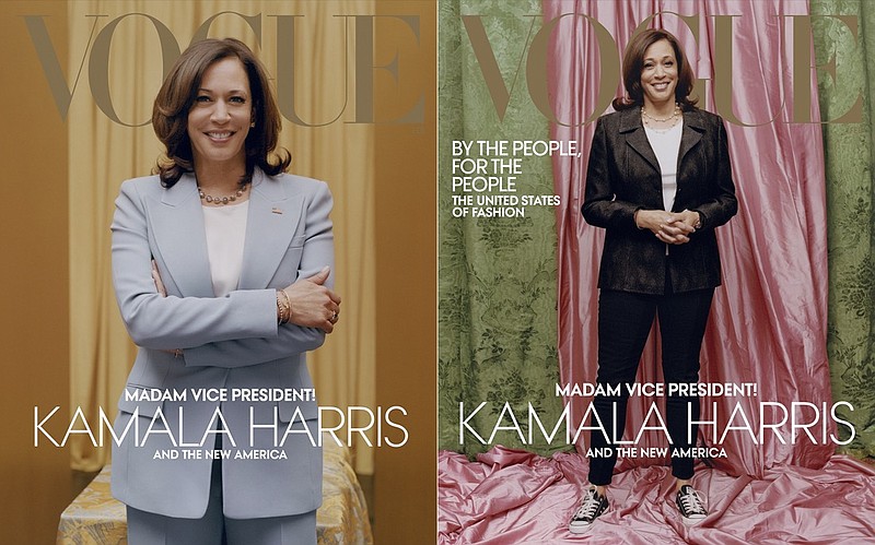 This combination of photos released by Vogue shows images of Vice President-elect Kamala Harris on the cover of their February digital and print issues. Vogue's February 2021 issue is available on newsstands nationwide on January 26. (Tyler Mitchell/Vogue via AP)
