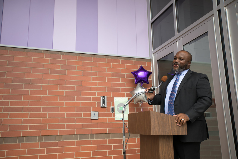 Staff photo by Troy Stolt / Hamilton County Schools superintendent Dr. Bryan Johnson speaks during a ribbon cutting ceremony and tour of the new Harrison Elementary School on Tuesday, Jan. 12, 2021 in Harrison, Tenn.