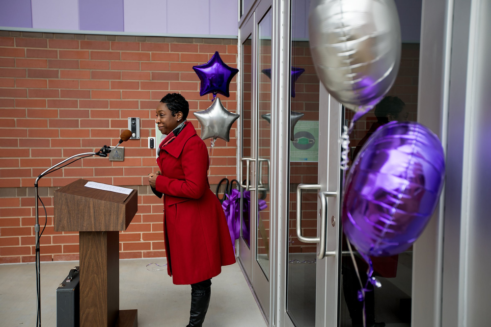 Staff photo by Troy Stolt / Karitsa Jones, the representative for Hamilton County School board's district 5, speaks during a ribbon cutting ceremony and tour of the new Harrison Elementary School on Tuesday, Jan. 12, 2021 in Harrison, Tenn.