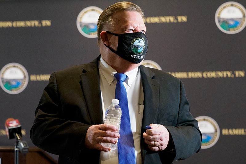 Staff photo by C.B. Schmelter / Hamilton County Mayor Jim Coppinger talks before a press conference at the Hamilton County Health Department's Golley Auditorium on Wednesday, Jan. 13, 2021 in Chattanooga, Tenn.