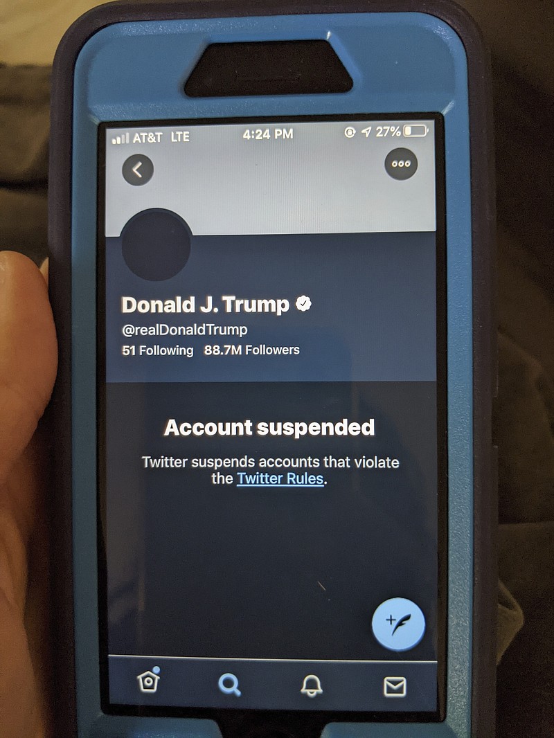 Photo by Tali Arbel of The Associated Press / This Jan. 8, 2021 image shows the suspended Twitter account of President Donald Trump. The social media company permanently suspended Trump from its platform, citing "risk of further incitement of violence."