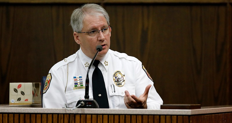 Collegedale Police Chief Brian Hickman testifies during a trial in Judge Don Poole's courtroom in the Hamilton County-Chattanooga Courts Building on Tuesday, Jan. 23, 2018.