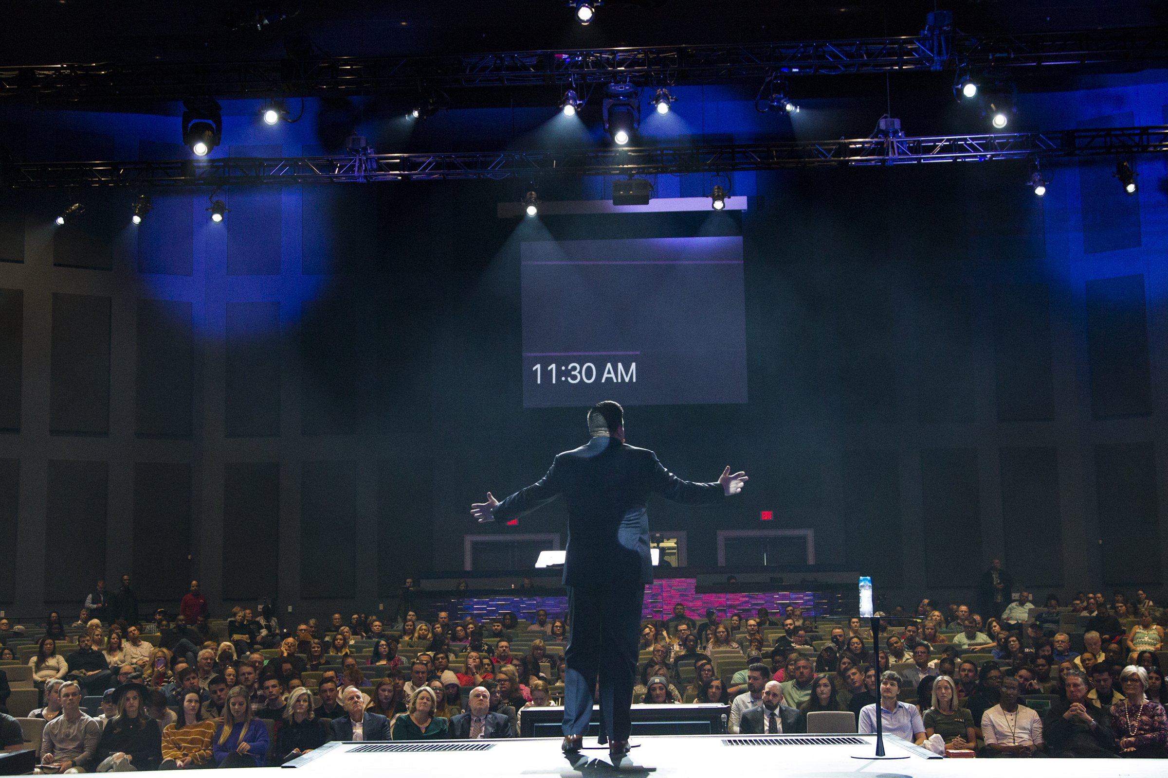 Staff photo by Troy Stolt / Redemption to the Nations church Lead Pastor Kevin Wallace preaches to his congregation about trusting God to help them get through coronavirus (COVID-19) on Sunday, March 15, 2020 in Chattanooga, Tenn.