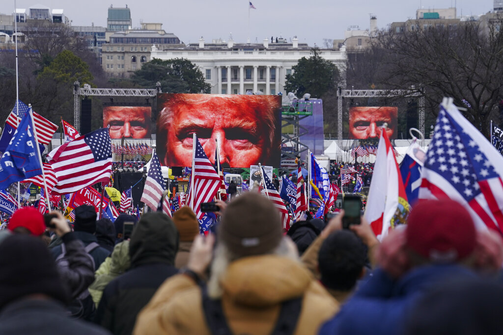 FILE - In this Jan. 6, 2021, file photo supporters of President Donald Trump participate in a rally in Washington. Historians say Trump's legacy and his electoral undoing will be largely shaped by rhetoric aimed at stirring his largely white base that tugged at the long-frayed strands of race relations in America. (AP Photo/John Minchillo, File)
