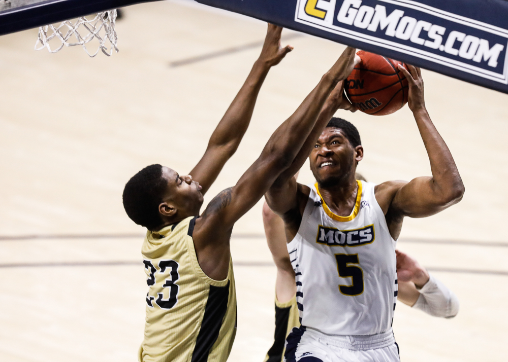 Staff photo by Troy Stolt / Chattanooga Mocs forward Darius Banks (5) shoots the ball during the UTC men's basketball game against Wofford at McKenzie Arena on Saturday, Jan. 16, 2021 in Chattanooga, Tenn.