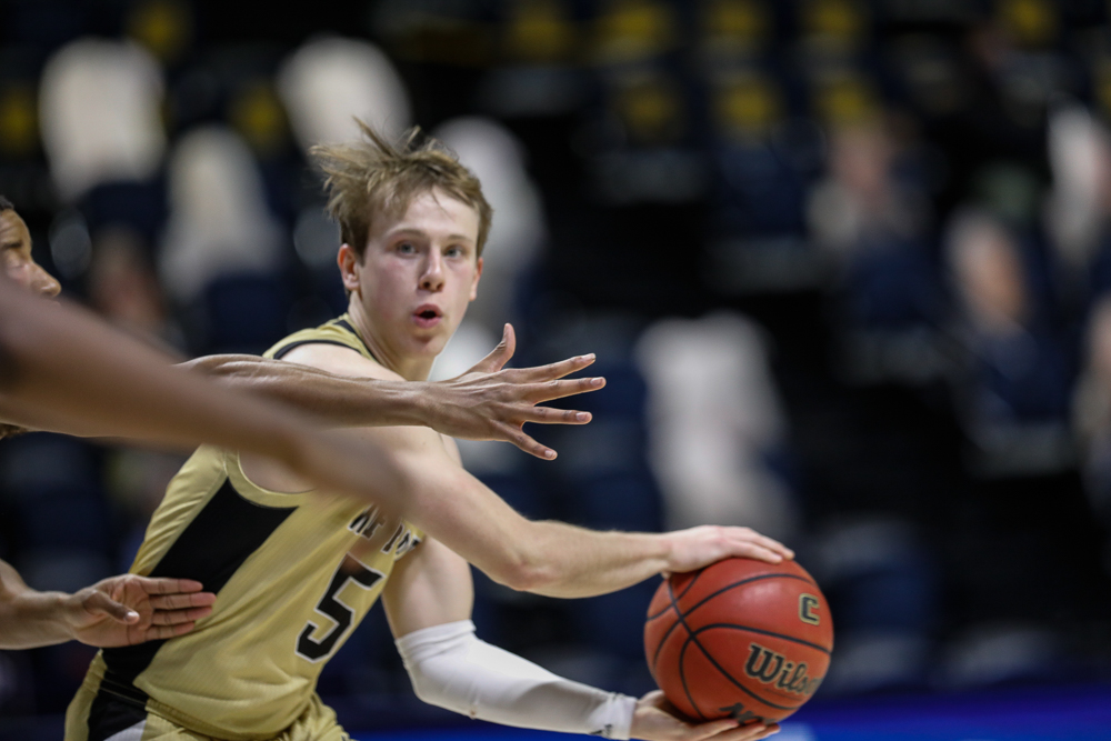 Staff photo by Troy Stolt / Wofford Terriers guard Storm Murphy (5) passes the ball during the UTC men's basketball game against Wofford at McKenzie Arena on Saturday, Jan. 16, 2021 in Chattanooga, Tenn.