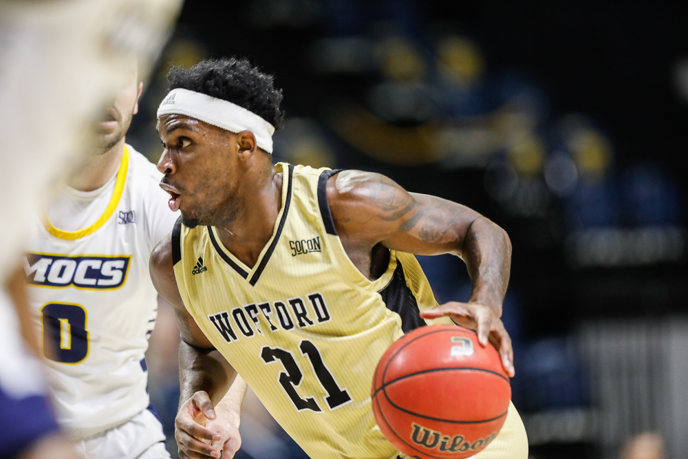 Staff photo by Troy Stolt / Wofford Terriers guard Tray Hollowell (21) drives to the basket during the UTC men's basketball game against Wofford at McKenzie Arena on Saturday, Jan. 16, 2021 in Chattanooga, Tenn.