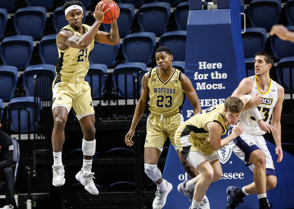 Staff photo by Troy Stolt / Wofford Terriers guard Tray Hollowell (21) grabs a rebound during the UTC men's basketball game against Wofford at McKenzie Arena on Saturday, Jan. 16, 2021 in Chattanooga, Tenn.