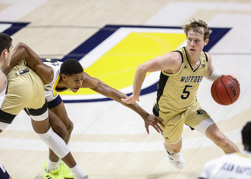 Staff photo by Troy Stolt / Wofford Terriers guard Storm Murphy (5) drives to the basket during the UTC men's basketball game against Wofford at McKenzie Arena on Saturday, Jan. 16, 2021 in Chattanooga, Tenn.