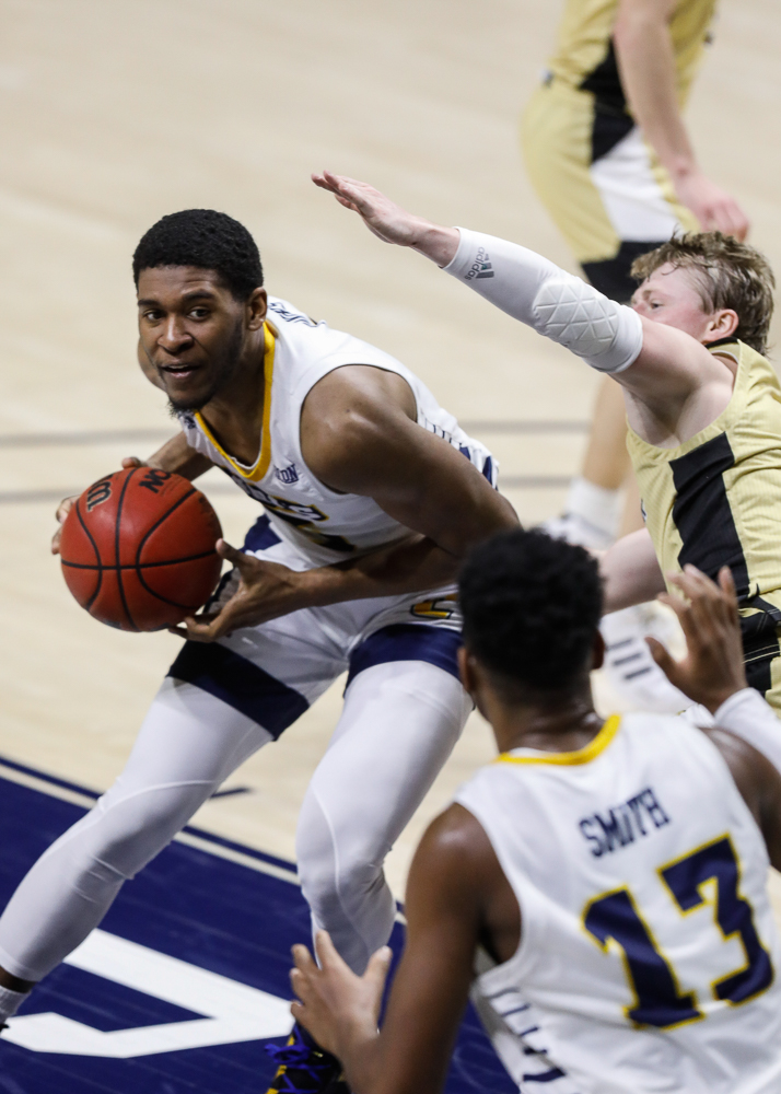 Staff photo by Troy Stolt / Chattanooga Mocs forward Darius Banks (5) looks to pass during the UTC men's basketball game against Wofford at McKenzie Arena on Saturday, Jan. 16, 2021 in Chattanooga, Tenn.