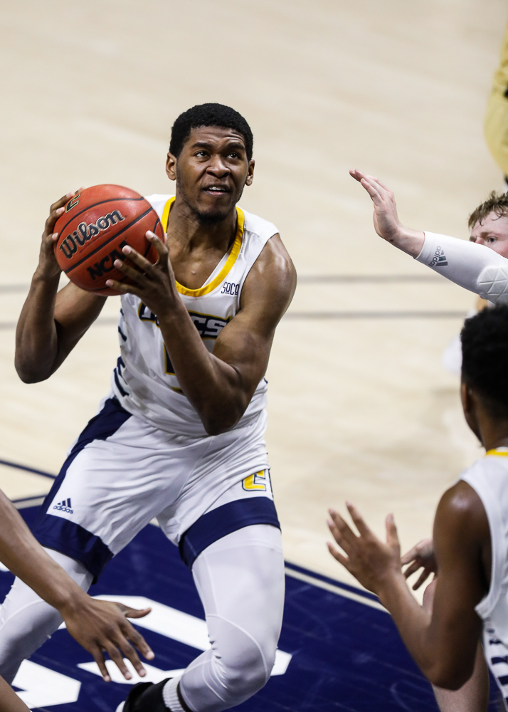 Staff photo by Troy Stolt / Chattanooga Mocs forward Darius Banks (5) drives to the basket during the UTC men's basketball game against Wofford at McKenzie Arena on Saturday, Jan. 16, 2021 in Chattanooga, Tenn.