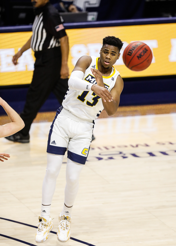 Staff photo by Troy Stolt / Chattanooga Mocs guard Malachi Smith (13) passes the ball during the UTC men's basketball game against Wofford at McKenzie Arena on Saturday, Jan. 16, 2021 in Chattanooga, Tenn.