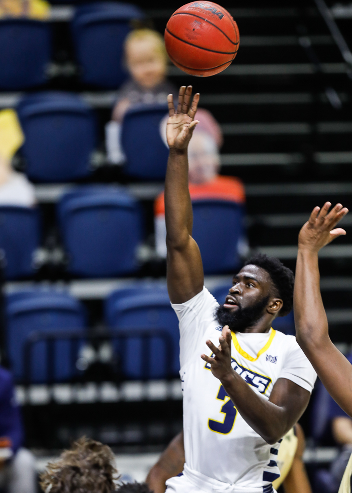 Staff photo by Troy Stolt / Chattanooga Mocs guard David Jean-Baptiste (3) shoots a layup during the UTC men's basketball game against Wofford at McKenzie Arena on Saturday, Jan. 16, 2021 in Chattanooga, Tenn.