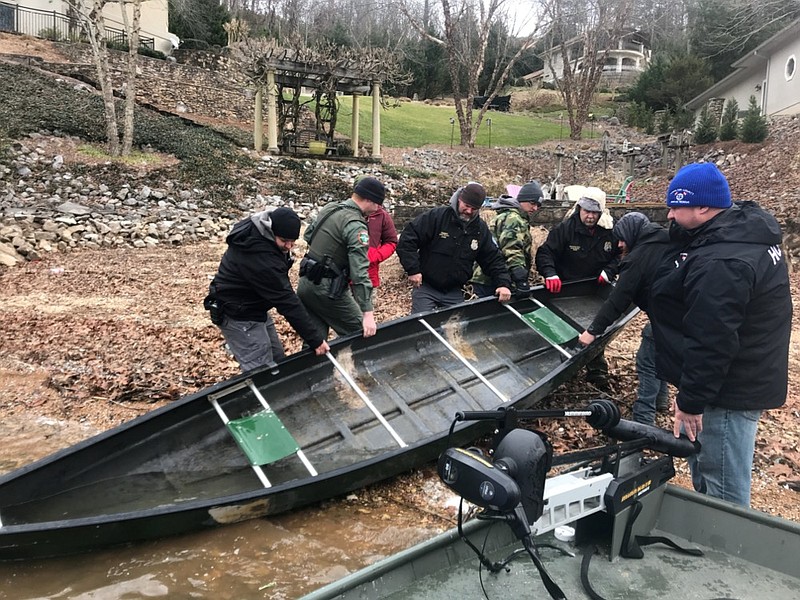 Crews recover a canoe from Chickamauga Lake on Saturday, Jan. 16, 2021, during a search for a missing boater who was in the canoe when it capsized on Friday, Jan. 15. / Photo contributed by Tennessee Wildlife Resources Agency 