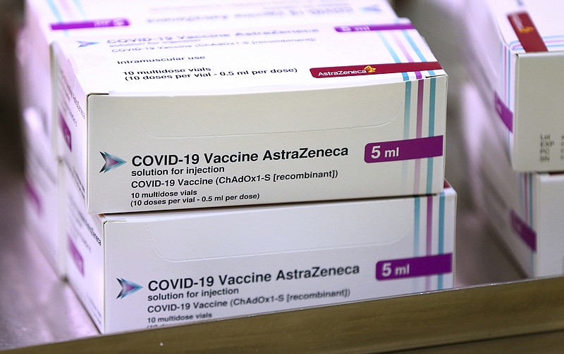 FILE - In this Saturday, Jan. 2, 2021 file photo, doses of the COVID-19 vaccine developed by Oxford University and U.K.-based drugmaker AstraZeneca arrive at the Princess Royal Hospital in Haywards Heath, England. (Gareth Fuller/Pool via AP, File)