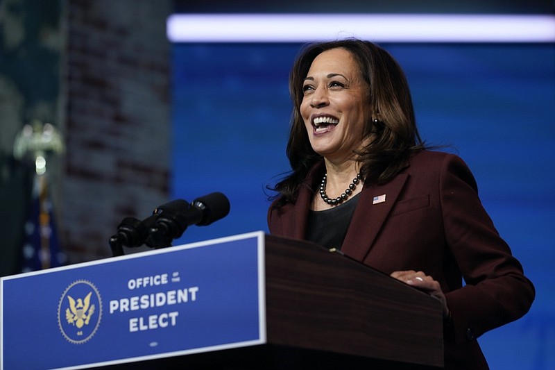 FILE - In this Tuesday, Nov. 24, 2020 file photo, Vice President-elect Kamala Harris speaks as she and President-elect Joe Biden introduce their nominees and appointees to key national security and foreign policy posts at The Queen theater, in Wilmington, Del. Vice President-elect Kamala Harris will be sworn in by Justice Sonia Sotomayor on Wednesday, Jan. 20, 2021, a history-making event in which the first Black, South Asian and female vice president will take her oath of office from the first Latina justice. (AP Photo/Carolyn Kaster, File)