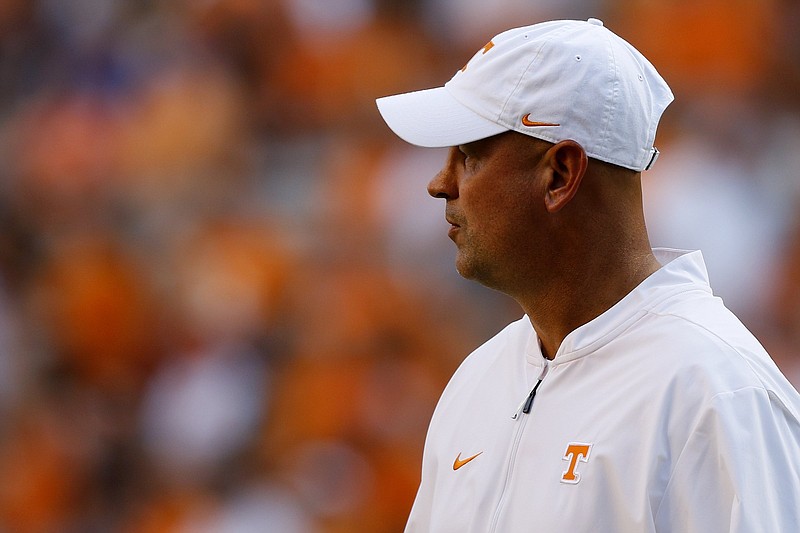 Staff photo by C.B. Schmelter / Tennessee head coach Jeremy Pruitt is seen on the field during warmups before facing BYU during a NCAA football game at Neyland Stadium on Saturday, Sept. 7, 2019 in Knoxville, Tenn.