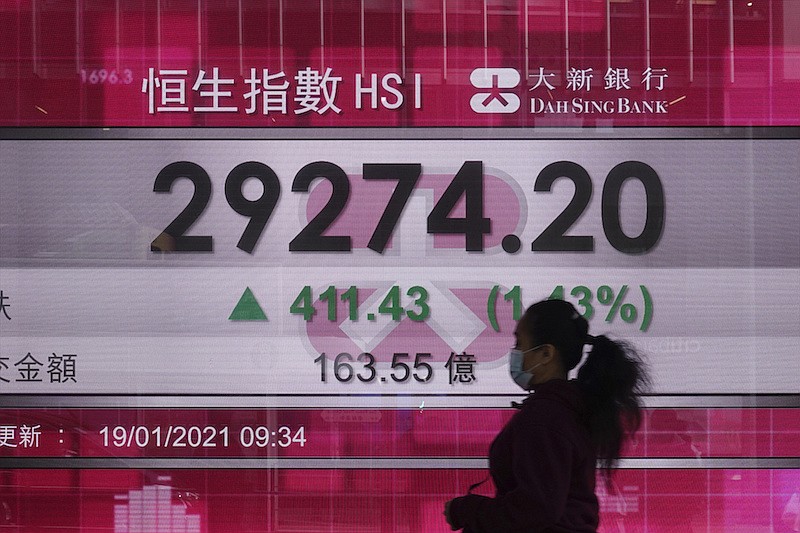 A woman walks past a bank's electronic board showing the Hong Kong share index at Hong Kong Stock Exchange in Hong Kong Tuesday, Jan. 19, 2021. Shares advanced in Asia on Tuesday as the changing of the guard in the U.S. raised hopes for more support for the economy and more aggressive measures to fight the pandemic. (AP Photo/Vincent Yu)