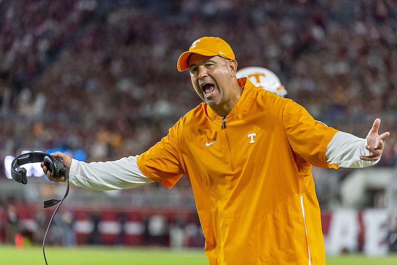 AP photo by Vasha Hunt / Jeremy Pruitt yells at officials while coaching the Tennessee Volunteers in an SEC football game at Alabama on Oct. 19, 2019.