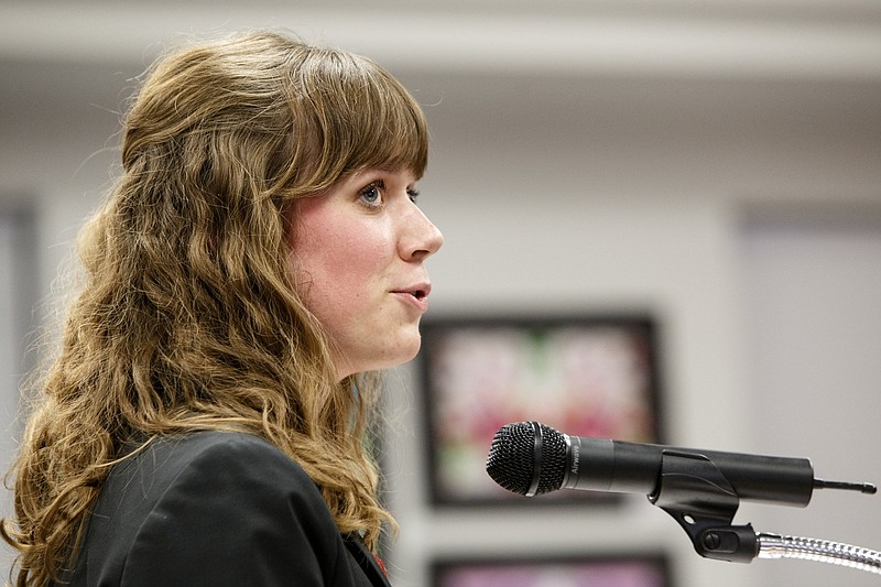 Staff photo by C.B. Schmelter / Chattanooga Area Chamber Vice President of Talent Initiatives Molly Blankenship addresses the school board about Future Ready Institutes during a meeting on Thursday, Feb. 21, 2019 in Chattanooga, Tenn.