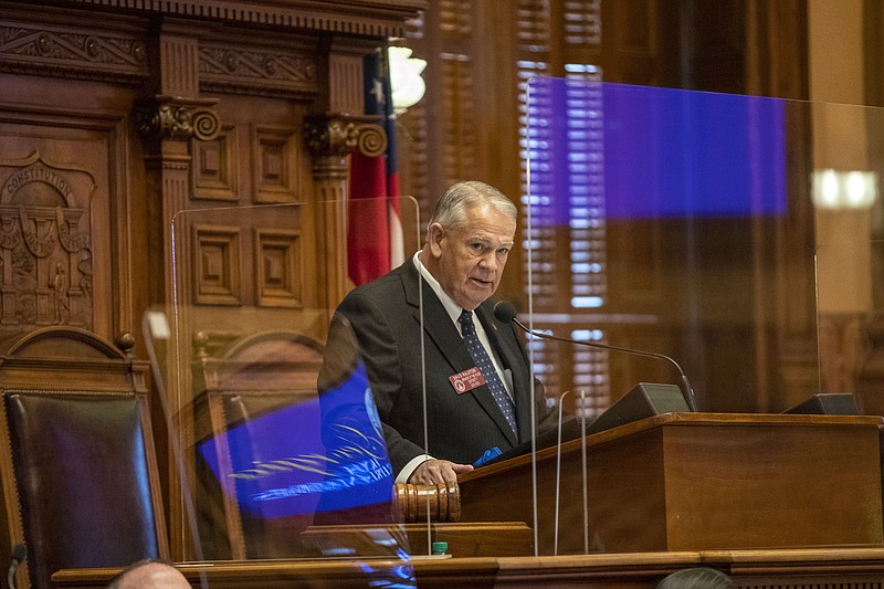 Georgia Speaker of the House David Ralston, R-Blue Ridge, gives remarks after being re-elected to his seat in the House Chambers during the first day of the 2021 legislative session at the Georgia State Capitol building in downtown Atlanta, Monday, Jan. 11, 2021. (Alyssa Pointer/Atlanta Journal-Constitution via AP)