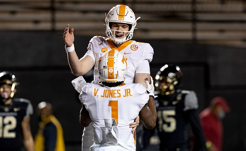 Tennessee Athletics photo by Andrew Ferguson / Tennessee quarterback Harrison Bailey and receiver Velus Jones Jr. celebrate a touchdown pass during last month's 42-17 win at Vanderbilt. Bailey and Jones should be among the most important Vols in the 2021 season.