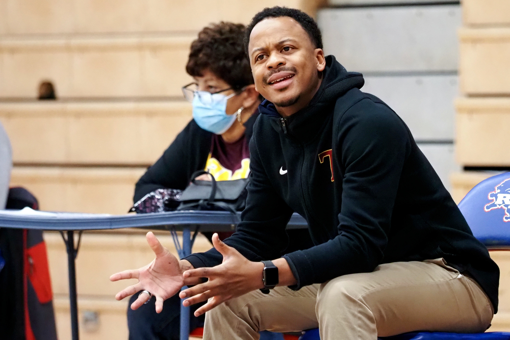 Staff photo by C.B. Schmelter / Tyner head coach E.J. Ward yells to his team during their game against Red Bank at Susan Ingram Thurman Gymnasium on the campus of Red Bank High School on Thursday, Jan. 21, 2021 in Chattanooga, Tenn.