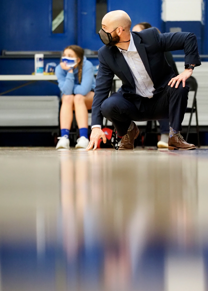 Staff photo by C.B. Schmelter / Red Bank coach Nick Fike watches the final moments of his team's loss to Tyner at Susan Ingram Thurman Gymnasium on the campus of Red Bank High School on Thursday, Jan. 21, 2021 in Chattanooga, Tenn.