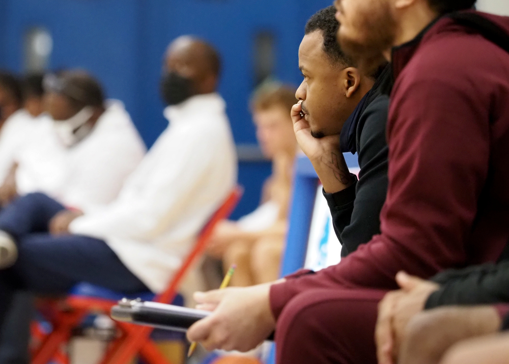 Staff photo by C.B. Schmelter / Tyner head coach E.J. Ward watches the final moments of his team's win over Red Bank at Susan Ingram Thurman Gymnasium on the campus of Red Bank High School on Thursday, Jan. 21, 2021 in Chattanooga, Tenn.